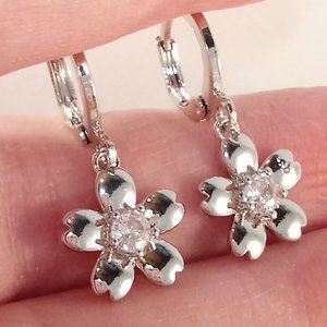 Silver Plated Flower Diamond Zircon Hoop Earrings Women's Gift .25ctw each